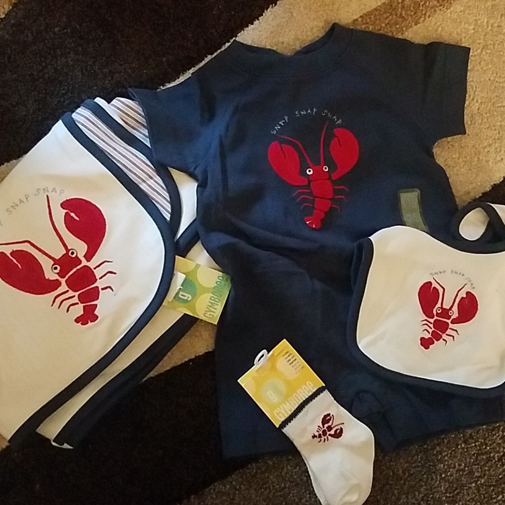 0-3 Month Lobster SS Romper, Blanket, Sock & Bib